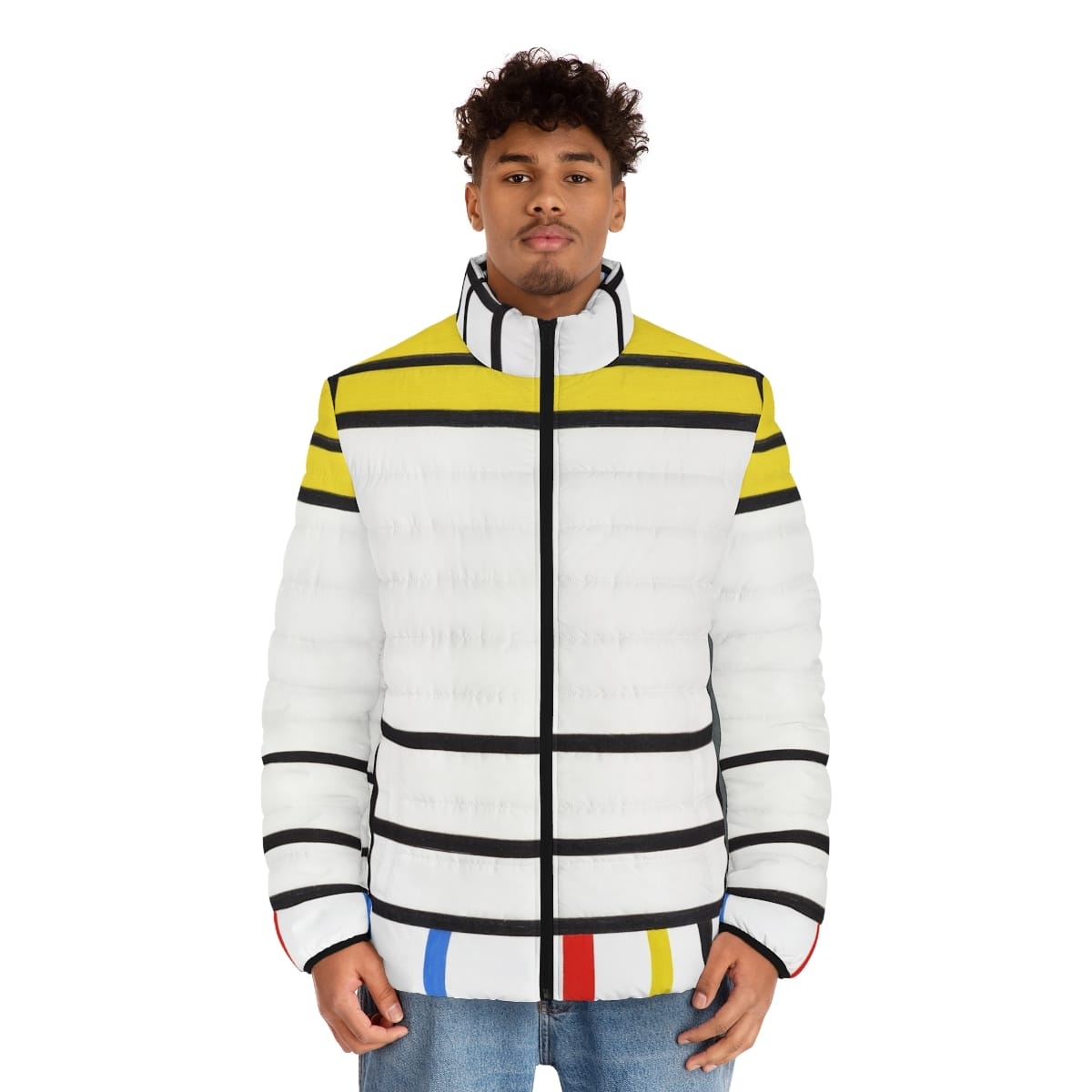 Mens Art Puffer Jacket, Artist Piet Mondrian, Artwork 
