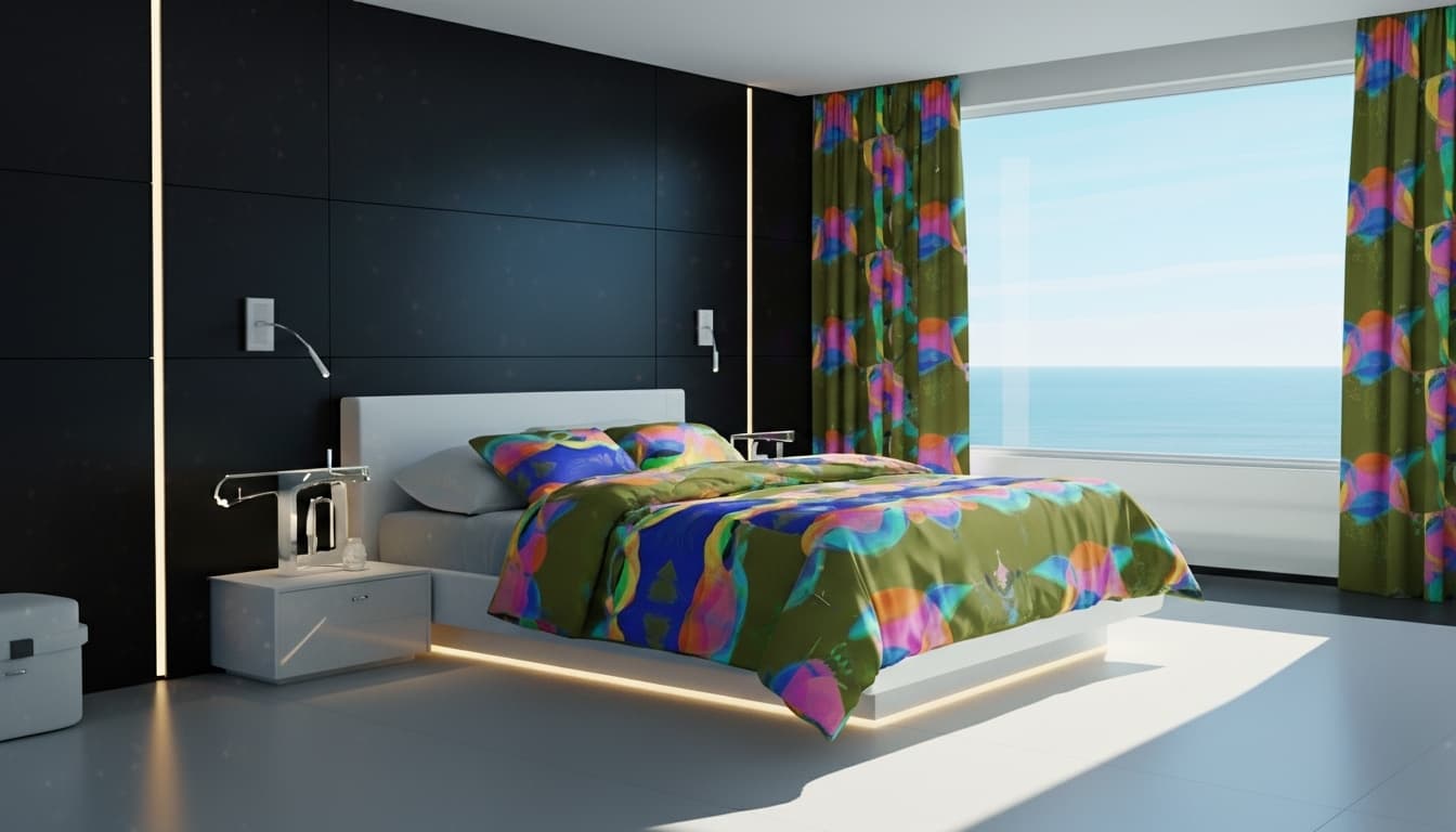 Cabin concept with art-derived curtains, bedding and textiles by Alexandre Mimoglou